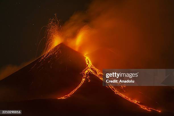 Mount Etna volcano once again starts to spew out ash and lava in Zafferana Etnea near Catania, Italy on April 19, 2025. Beginning at 7:30 p.m. On the...