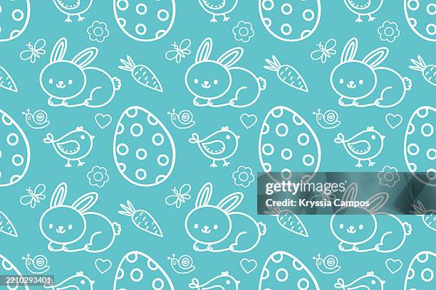 seamless soft cyan pattern with bunnies and eggs - easter pattern stock pictures, royalty-free photos & images