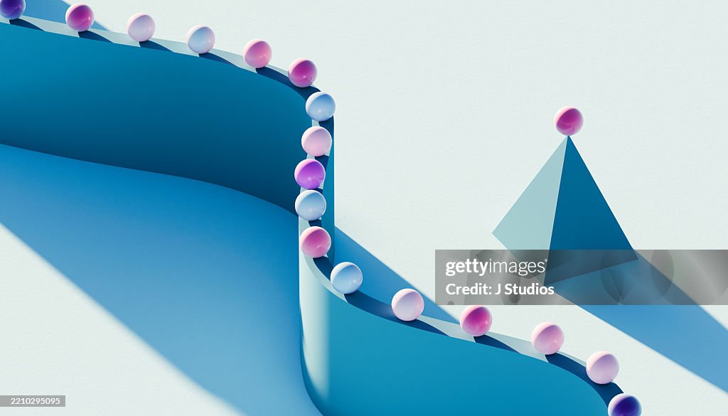 Elevated Pathway of Progress: Blue S-Curve with Row of Spheres and Pyramid Peak
