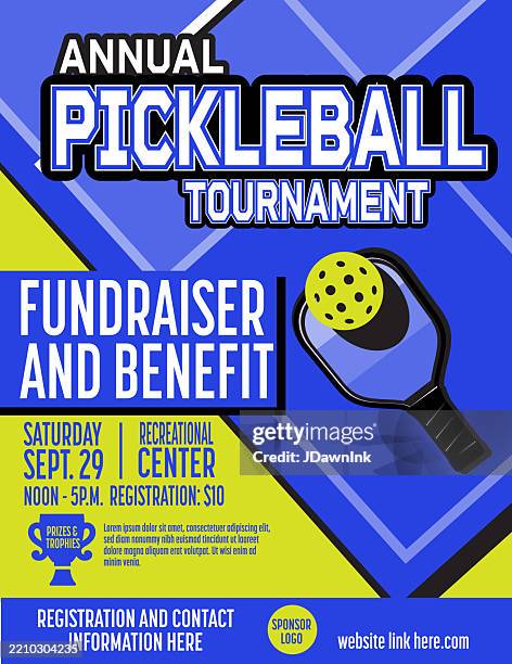 pickleball tournament sports annual event poster advertisement design with placement text, racket, ball, and court - pickleball stock illustrations
