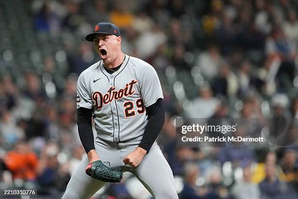 Tarik Skubal of the Detroit Tigers celebrates after striking out Rhys Hoskins of the Milwaukee Brewers during the sixth inning at American Family...