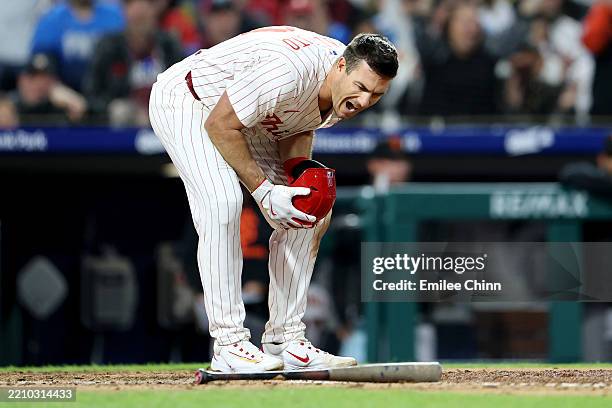 Realmuto of the Philadelphia Phillies reacts after striking out in the seventh inning against the San Francisco Giants at Citizens Bank Park on April...