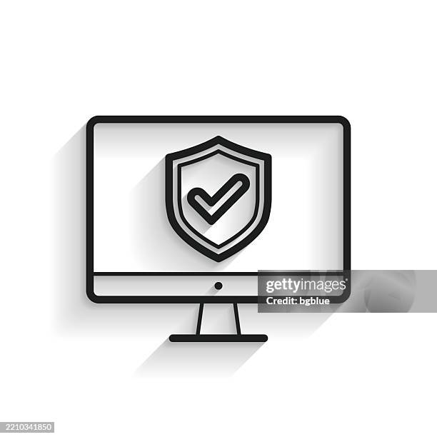 secure desktop computer. line icon with long shadow on white background - behind computer screen stock illustrations