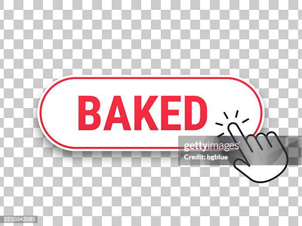 baked - 3d click web button with hand cursor on blank background - bake logo stock illustrations