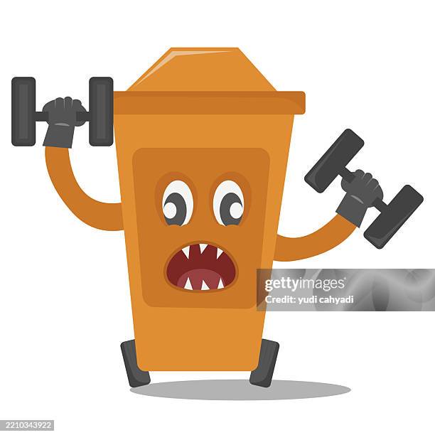 cartoon trash can lifting dumbbells - fitness and strength concept - peach emoji stock illustrations