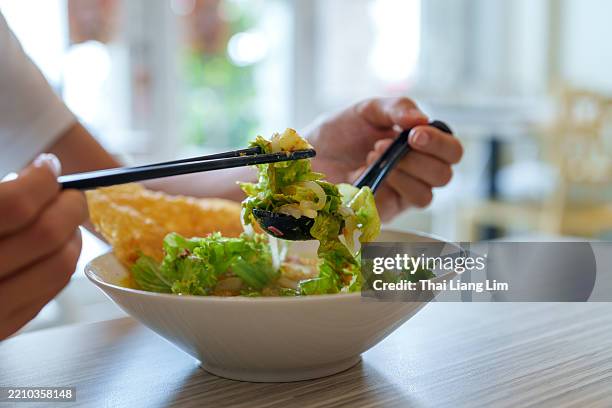 malaysian asam laksa with fresh vegetables served in ceramic bowl - eating laksa stock pictures, royalty-free photos & images