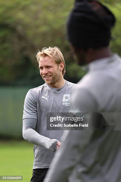 Tymoteusz Puchacz of Plymouth Argyle during a 1st team training session at Harpers Park on April 14, 2025 in Plymouth, England.