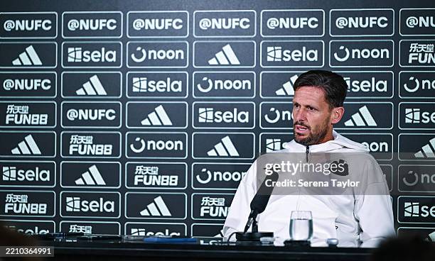 Assistant Head Coach Jason Tindall speaks to media during the Newcastle United Press Conference at the Newcastle United Media Centre on April 15,...