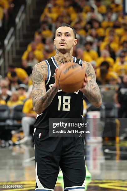 Kyle Kuzma of the Milwaukee Bucks shoots a free throw during the game against the Indiana Pacers during Round One Game One of the 2025 NBA Playoffs...
