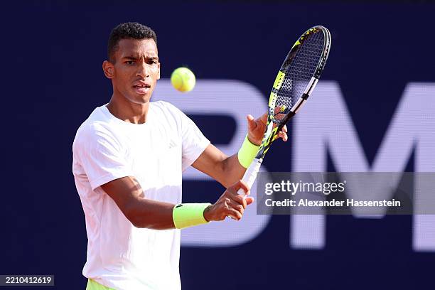 Felix Auger-Aliassime of Canada plays a back hand during his first round match against Mariano Navone of Argentina on day four of the BMW Open at...
