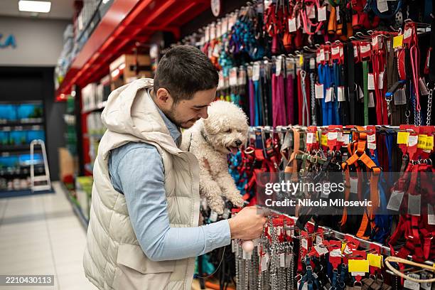 homme shopping pour fournitures pour chien avec petit chien blanc en magasin - équipement pour animaux de compagnie photos et images de collection