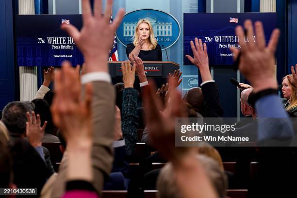 White House press secretary Karoline Leavitt takes a question during a daily press briefing in the Brady Press Briefing Room at the White House on...