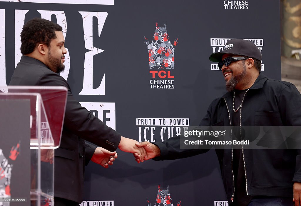 Ice Cube Rapper Hand Sign O'Shea Jackson Jr. and Ice Cube attend the hand and footprint in ...