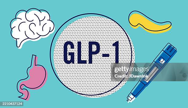 ilustrações de stock, clip art, desenhos animados e ícones de semaglutide injection pen glp-1 weight loss brain and digestive system health connection concept - efeito secundário de medicamento