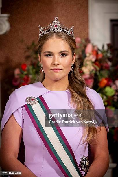 Princess Amalia of The Netherlands attends the state banquet offered to Sultan Haitham bin Tarik at the Royal Palace at the start of the state visit...