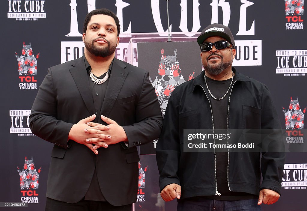 Ice Cube Rapper Hand Sign O'Shea Jackson Jr. and Ice Cube attend the hand and footprint in ...