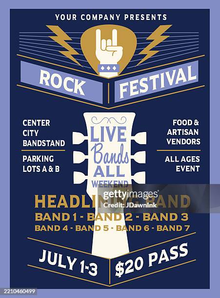 colorful rock festival style retro poster typography design template with guitar - gig stock illustrations