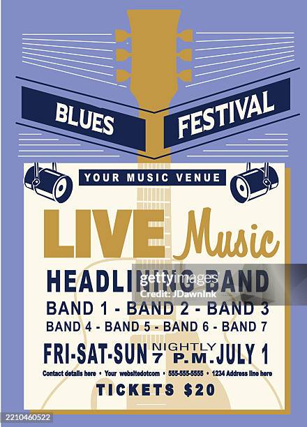 colorful country blues festival style retro poster typography design template with guitar - blues music stock illustrations