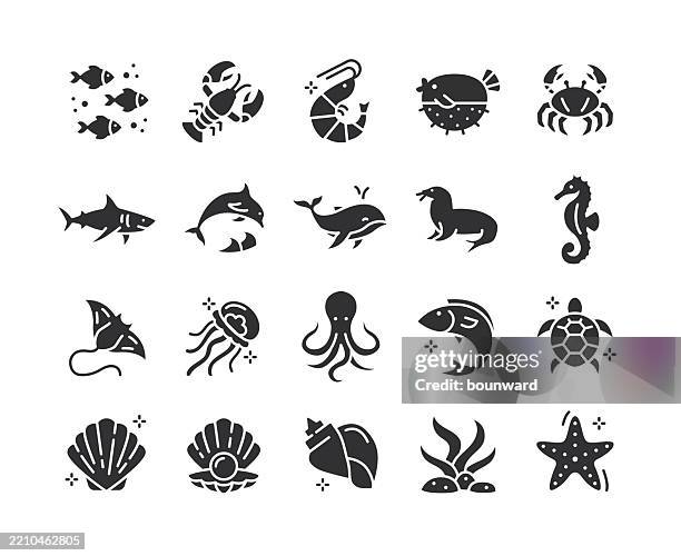 meereslebewesen & meerestiere flache schwarze symbole. vektor - quallen stock-grafiken, -clipart, -cartoons und -symbole