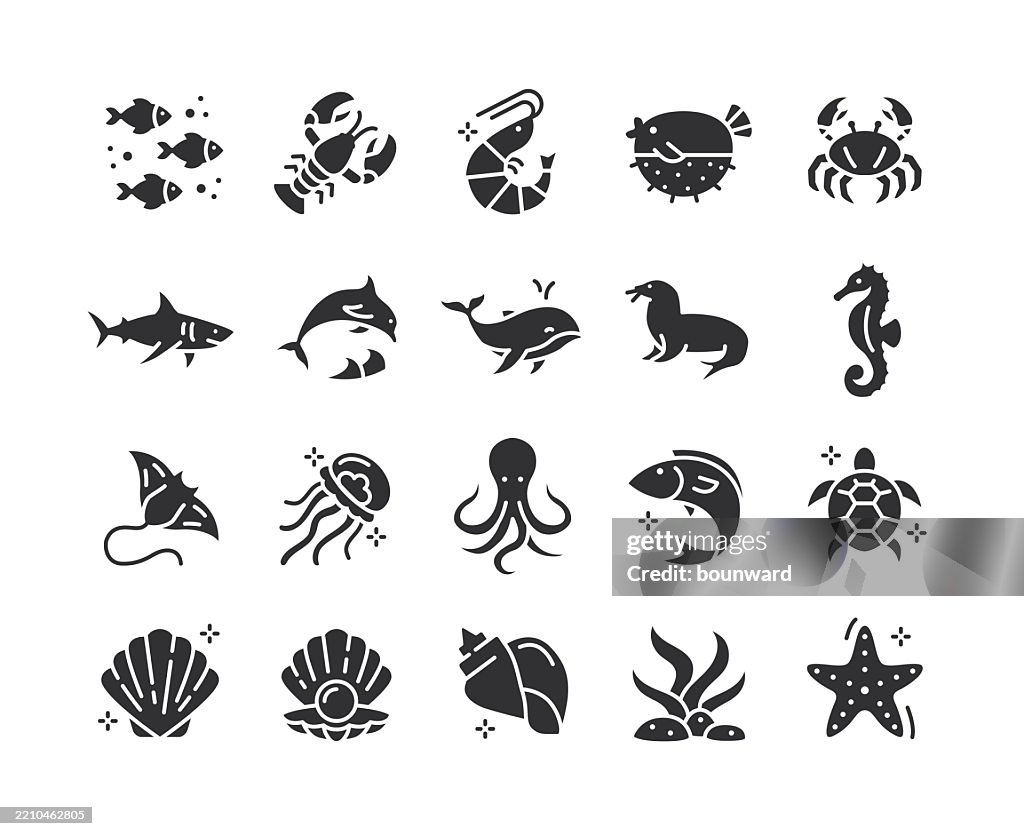 Animaux de la mer et de l’océan Icônes noires plates. Vecteur