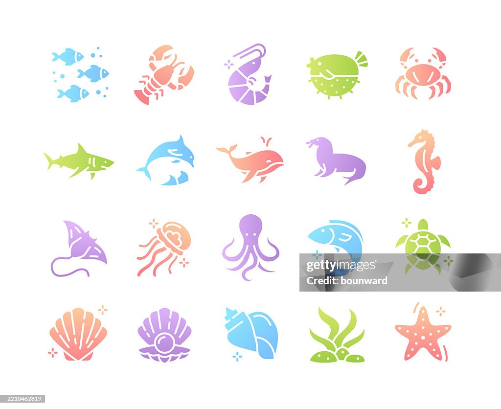 Sea Life & Ocean Animals Color Gradient Icons. Vector