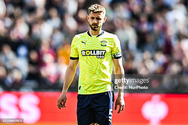 Jack Stephens of Southampton looks on during the Premier League match between West Ham United and Southampton at the London Stadium in Stratford,...