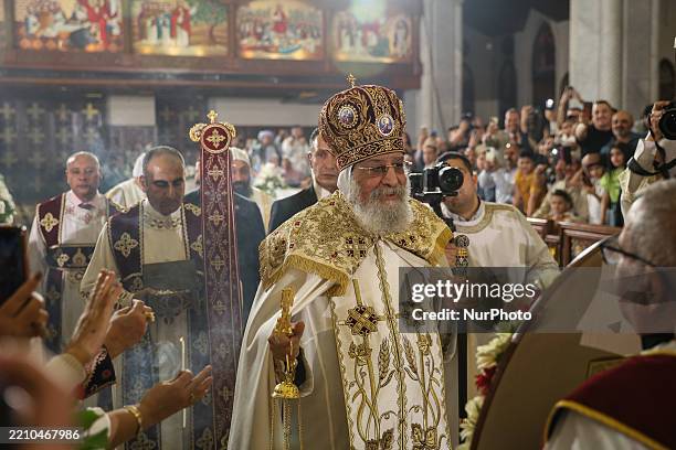 Coptic Orthodox Pope Tawadros II leads the Easter mass at St. Mark's Cathedral in Cairo, Egypt, on April 19, 2025.