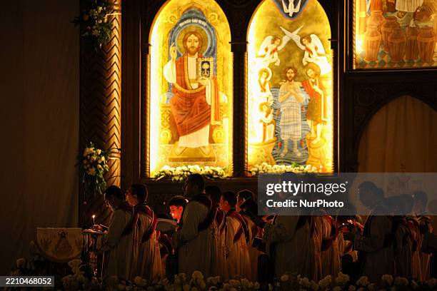 Believers attend the Easter mass led by Coptic Orthodox Pope Tawadros II at St. Mark's Cathedral in Cairo, Egypt, on April 19, 2025.