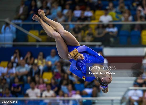 Sabrina Maneca-Voinea of Romania competes in the women's Floor Exercise Final of the 17th FIG Artistic Gymnastics World Cup in Doha, Qatar, on April...