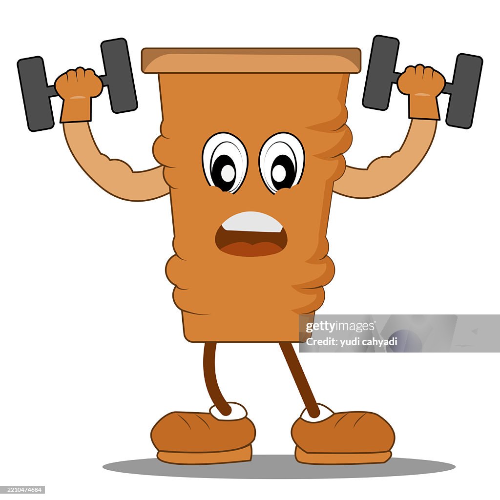 Vector Illustration Of Quirky Cartoon Coffee Cup Mascot Character Lifting Dumbbell