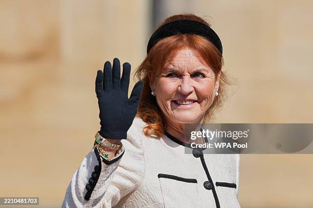 Sarah Ferguson waves as she attends the Easter Matins Service at St. George's Chapel, Windsor Castle on April 20, 2025 in Windsor, England.