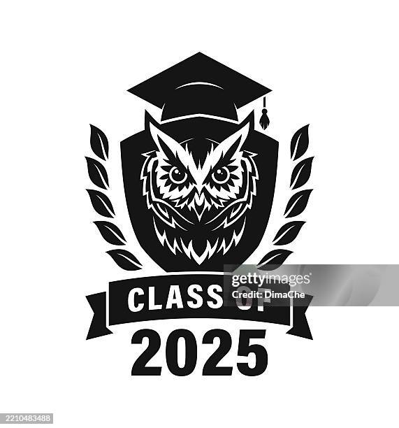 class of graduation emblem, grad ceremony greeting badge with mortarboard, owl on shield, ribbon and laurel wreath - cut out vector banner, logo, icon - yearbook stock illustrations
