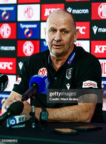 Ken Hinkley head coach of the Power speaks to media during his press conference after a Port Adelaide Power AFL training session at Alberton Oval on...