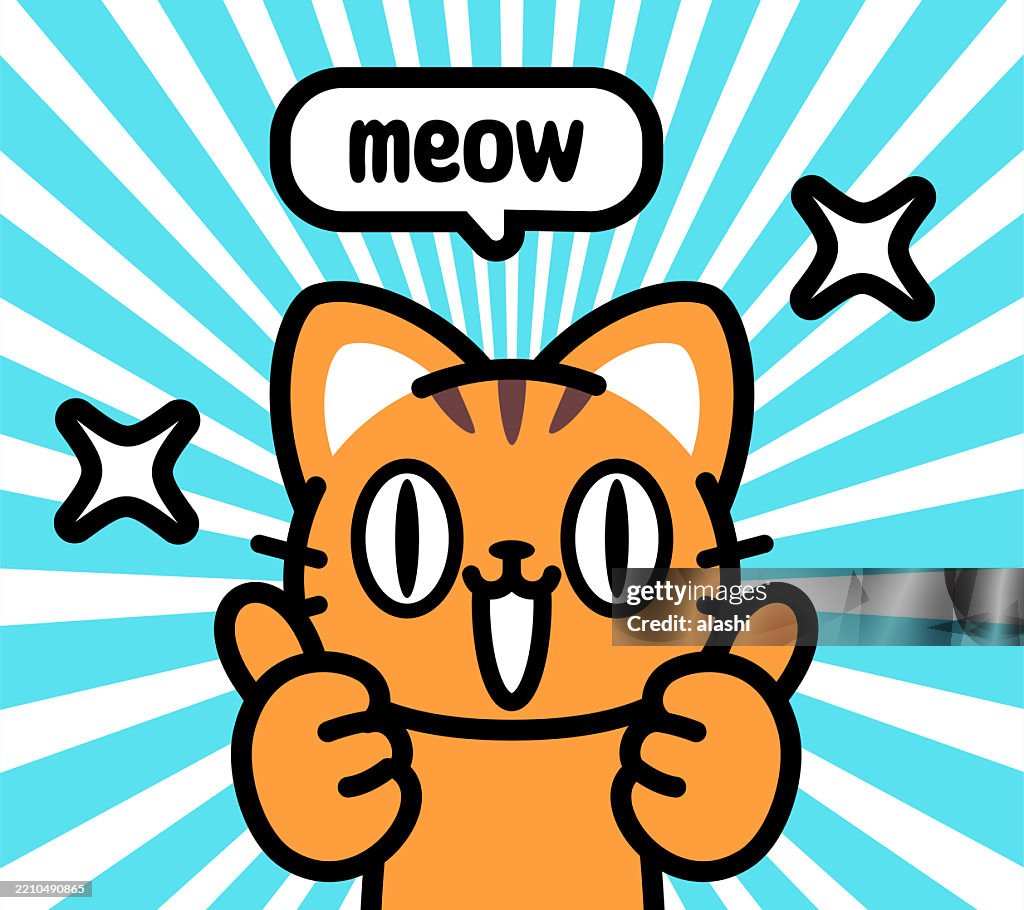 A smiling cute cat, giving both thumbs up, greeting friendly, looking at the viewer. Front view, black outline with flat colors, minimalist style
