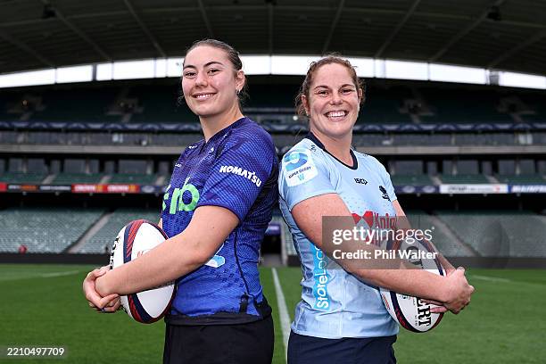 Blues Captain Maia Roos and NSW Waratahs Women's Captain Emily Chancellor pose during the Women's Super Rugby Champions Final Media Opportunity at...