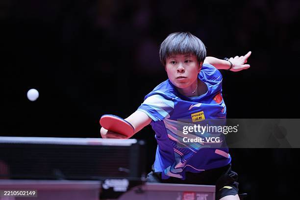 Wang Yidi of China competes in the Women's Singles group match against Shao Jieni of Portugal on day three of ITTF Men's and Women's World Cup Macao...