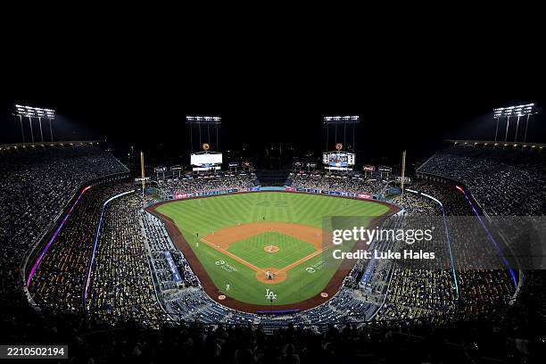 General view during the eighth inning between the Los Angeles Dodgers and the Colorado Rockies at Dodger Stadium on April 15, 2025 in Los Angeles,...