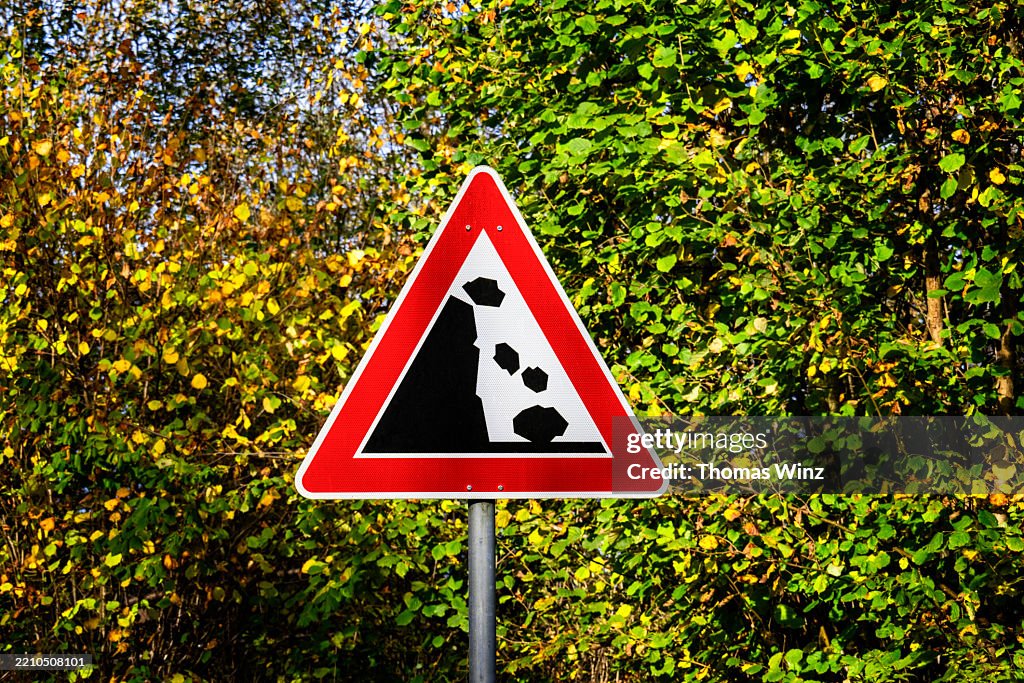 Rocks Warning Sign Warning Sign Falling Rocks High-Res Stock Photo - Getty Images