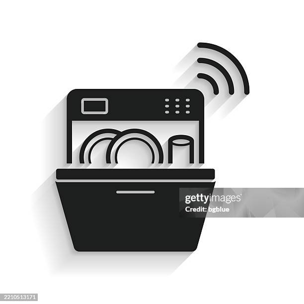 smart dishwasher. icon with long shadow on white background - cleaning electronics stock illustrations