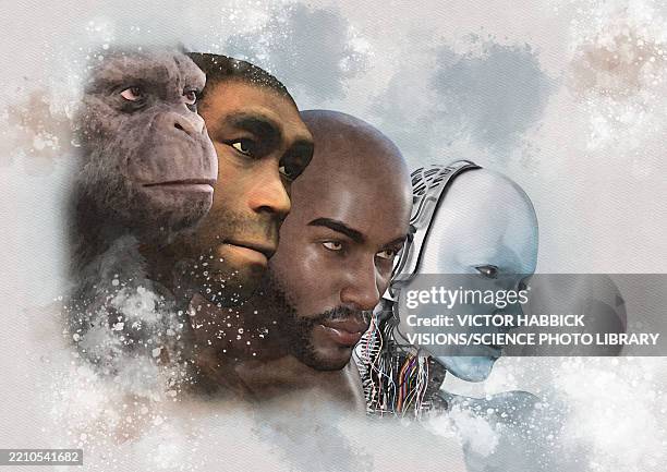 evolution from apes to ai, conceptual illustration - evolution monkey stock illustrations