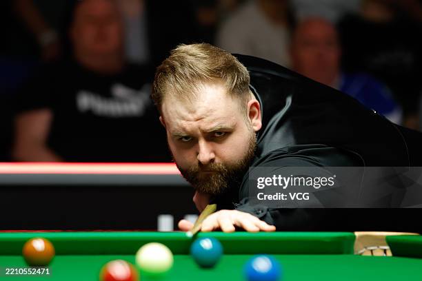 Jackson Page of Wales plays a shot in the fourth round match against Joe O'Connor of England on day 10 of World Championship Qualifiers 2025 at...
