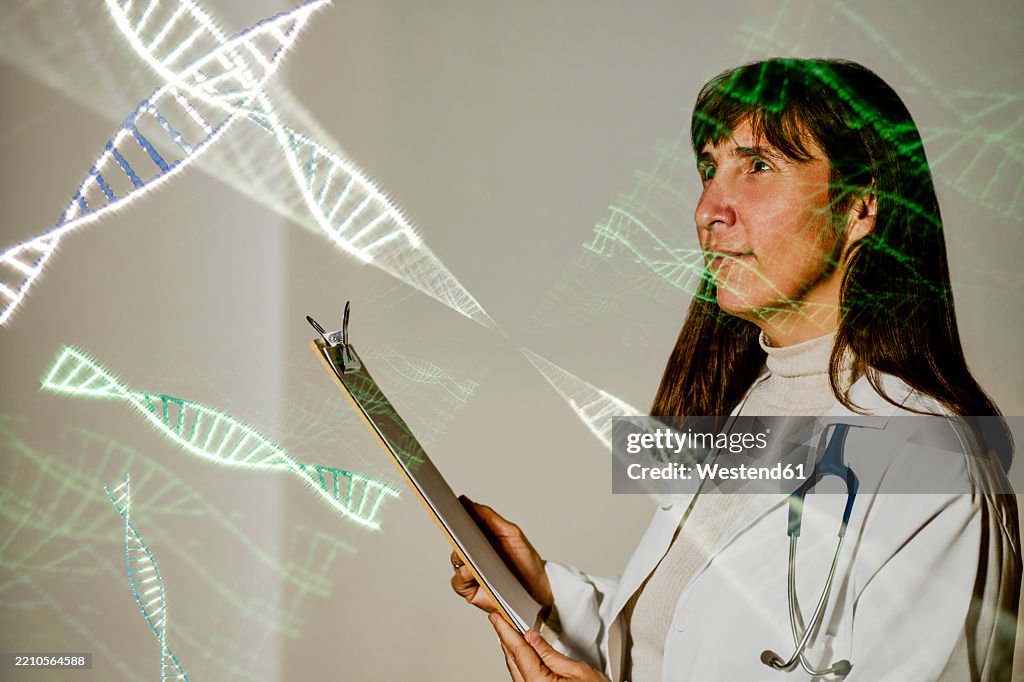 Doctor Analyzing Dna Visualization With Clipboard And Stethoscope High ...