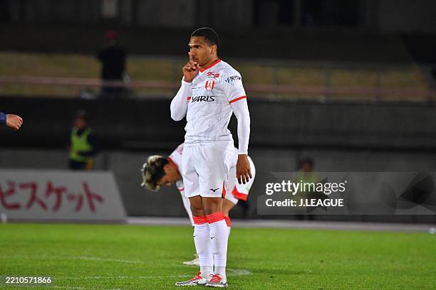 Of Nagoya Grampus celebrates scoring his side's first goal the J.LEAGUE LEVAIN CUP second round match between Kataller Toyama and Nagoya Grampus at...
