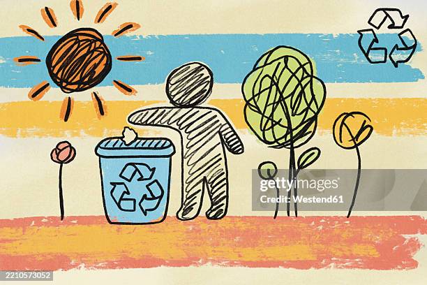 illustration of a person recycling in a colorful abstract landscape - creative-recycle-symbol-drawing stock illustrations