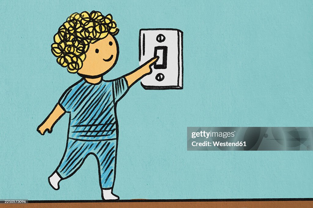 Illustration of a child turning off a light switch to save electricity
