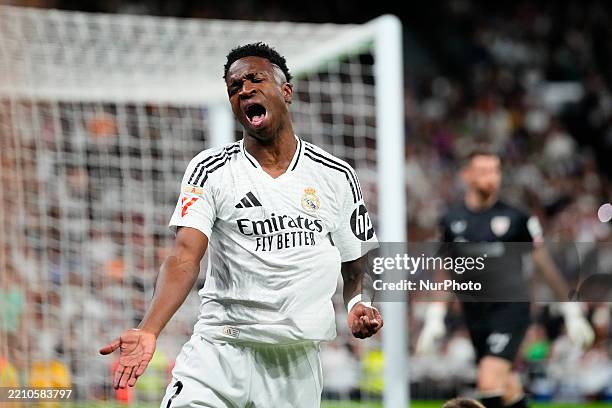 Vinicius Junior left winger of Real Madrid and Brazil reacts during the LaLiga match between Real Madrid CF and Athletic Club at Estadio Santiago...