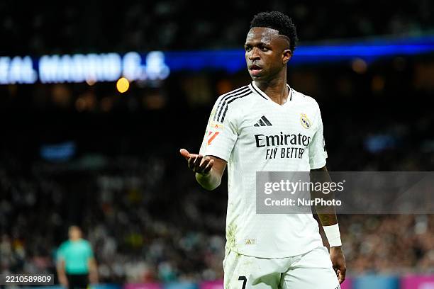 Vinicius Junior left winger of Real Madrid and Brazil in action during the LaLiga match between Real Madrid CF and Athletic Club at Estadio Santiago...