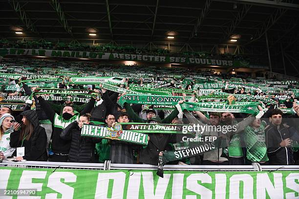 Fans of AS Saint-Etienne during the Ligue 1 MCDonald's match between Saint Etienne and Lyon on April 20, 2025 at Stade Geoffroy-Guichard in...