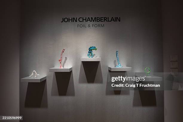 John Chamberlain's sculptures at Christie’s Auction House on April 16 2025. Christie's is exhibiting Foil & Form at it's headquarters at 20...