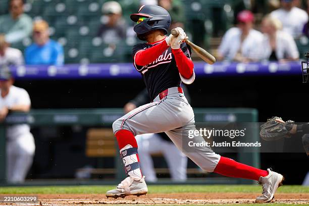 Nasim Nuñez of the Washington Nationals grounds into a fielder's choice that led to the Nationals scoring two runs on a throwing error by catcher...